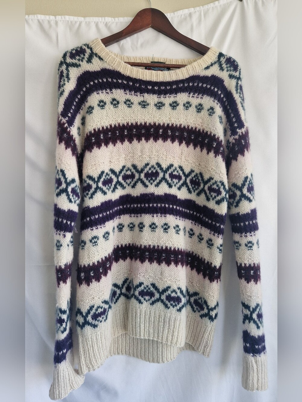 Cream Fair Isle Crewneck Sweater with Purple & Teal Pattern - Picture 2 of 5
